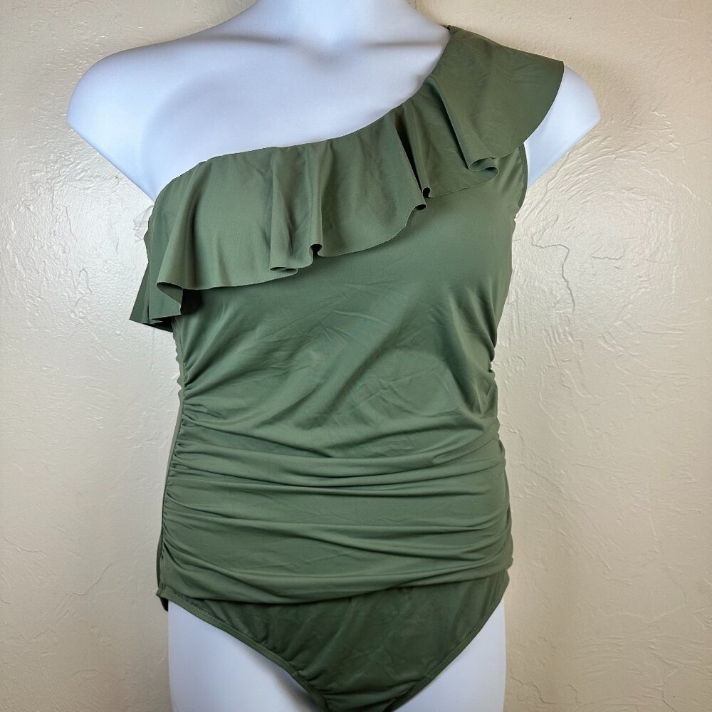 Hiior One-Shoulder Green Ruffle Swimsuit Size 14 Flattering Ruched One Piece